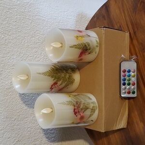 White Wax Floral Battery Candles W/Remote Moving flameless LED Timer (3 )NEW!